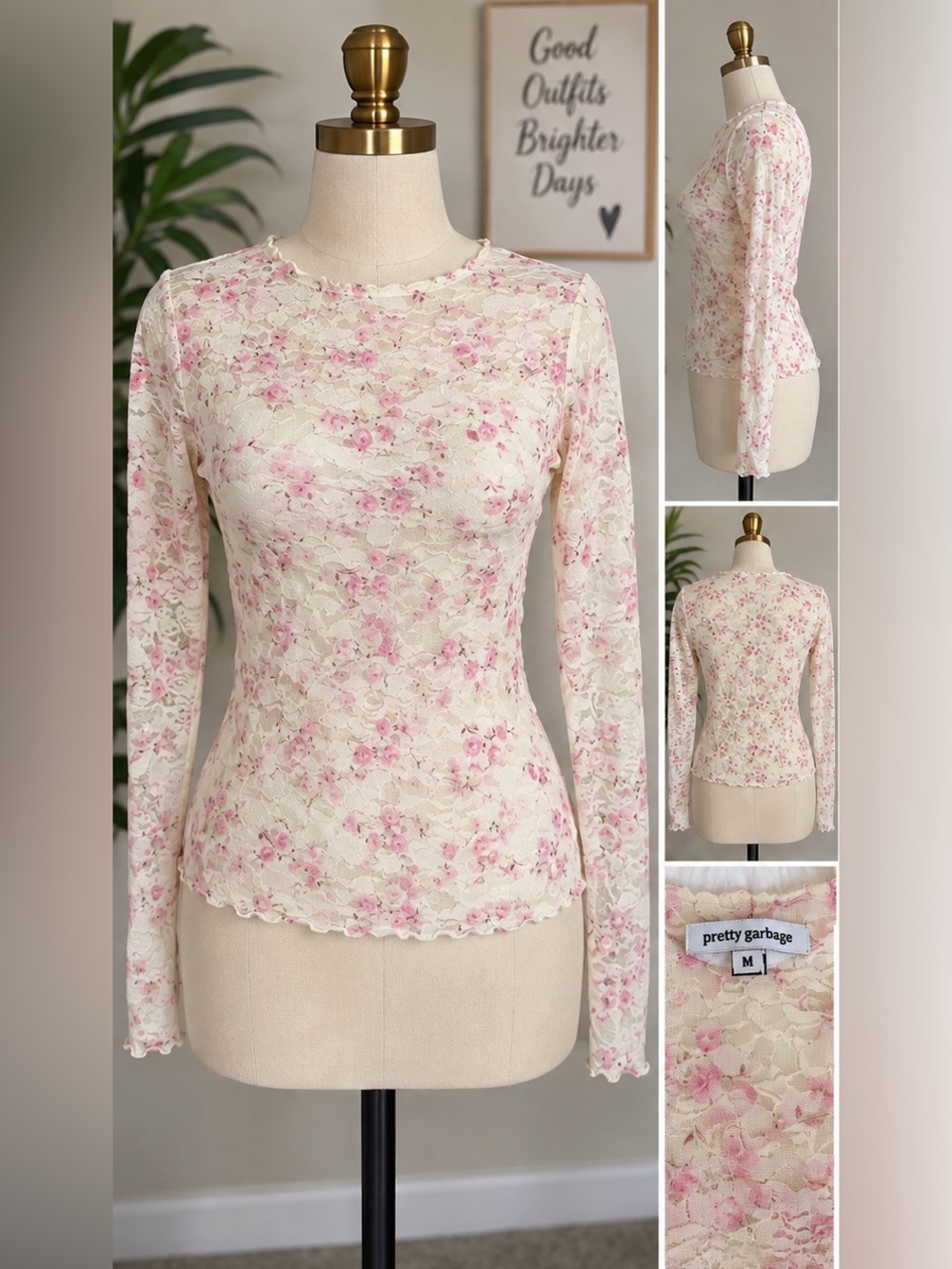 Pretty Garbage Cream and Pink Floral Lace Long Sleeve Tee